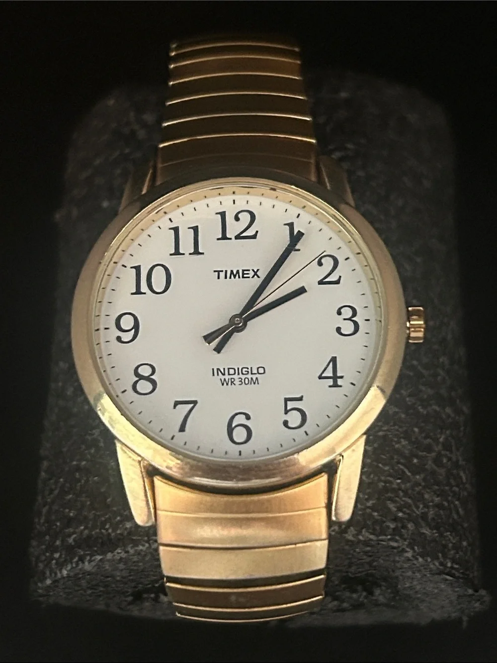 Timex Indiglo Men’s Gold Tone Watch with White Dial and Black Numerals